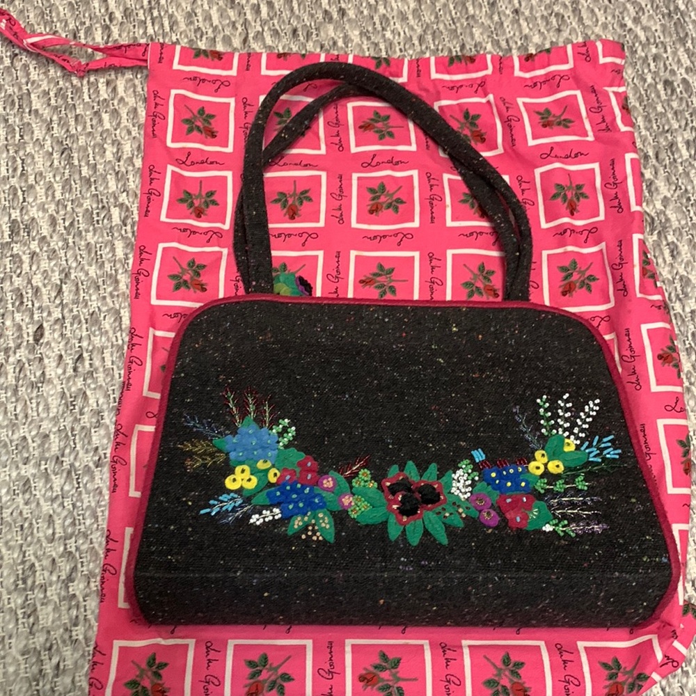 Vintage, mint condition Lulu Guinness tweed handbag with flower details.